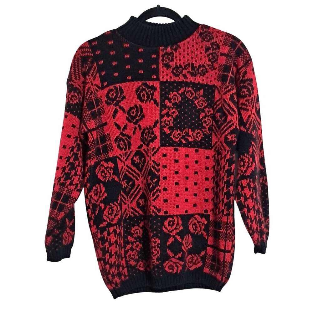 Vintage 80s Floral Sweater Womens S Red & Black Patchwork by Separate‎ Issue